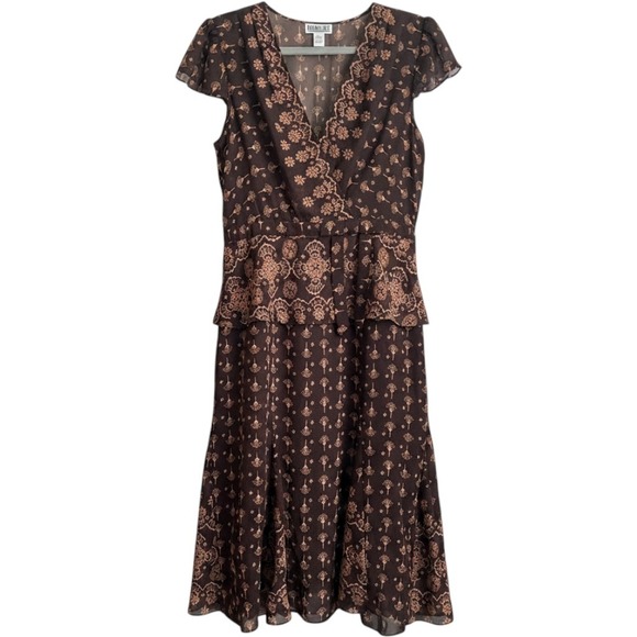 Robbie Bee Dresses & Skirts - Robbie Bee Womens Brown Tan Floral Chiffon Peplum Midi Dress 10 Flutter Sleeve